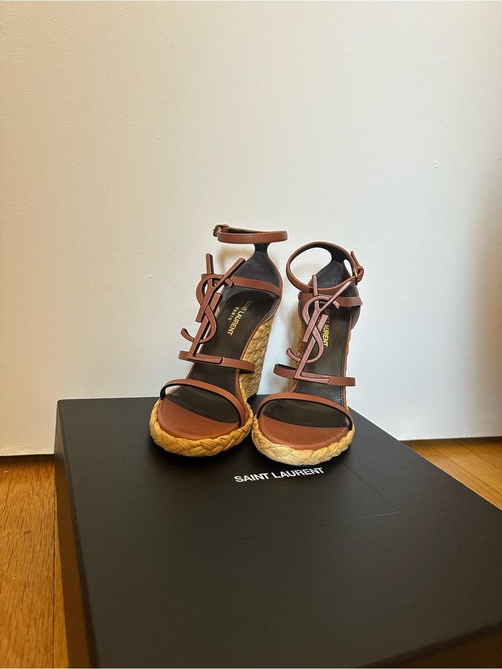 Saint Laurent Brown Leather Espadrille Wedge Sandals with YSL Logo